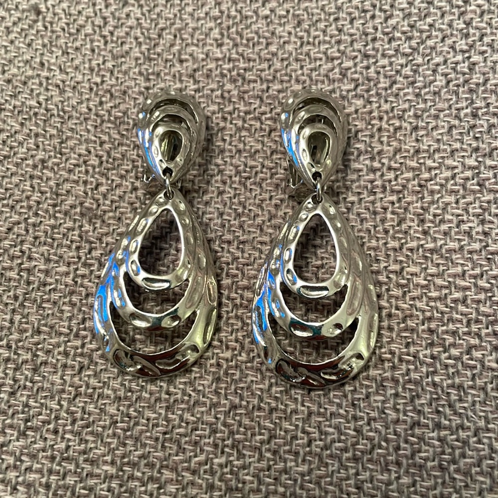 Clip On Silver Tone Earrings Hammered Look